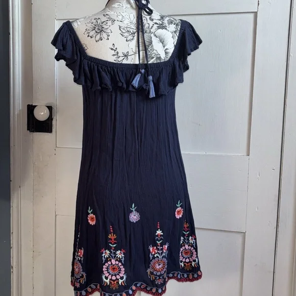 Blue Halter Top Summer Dress Flirty Floral Embroidery Ruffle Off Shoulder XS - Picture 6 of 9